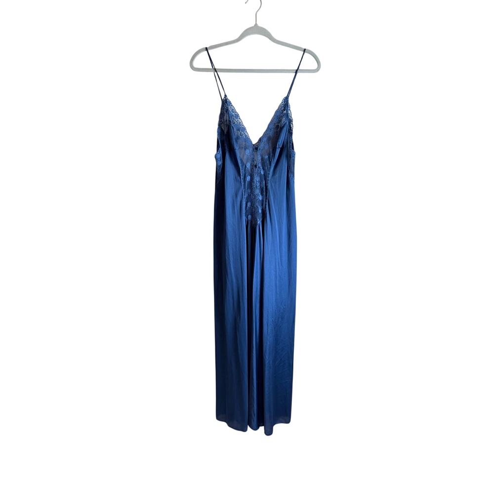 Vintage Kayser royal blue lace nylon long slip dress medium boudoir lingerie USA